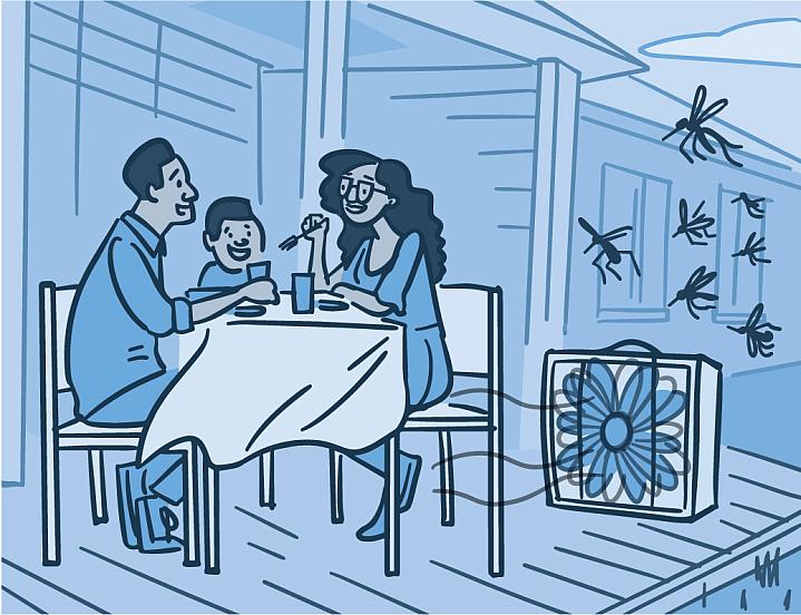 mar-2024-cover-illustration-family-eating-outside-using-fan-protect-mosquitoes